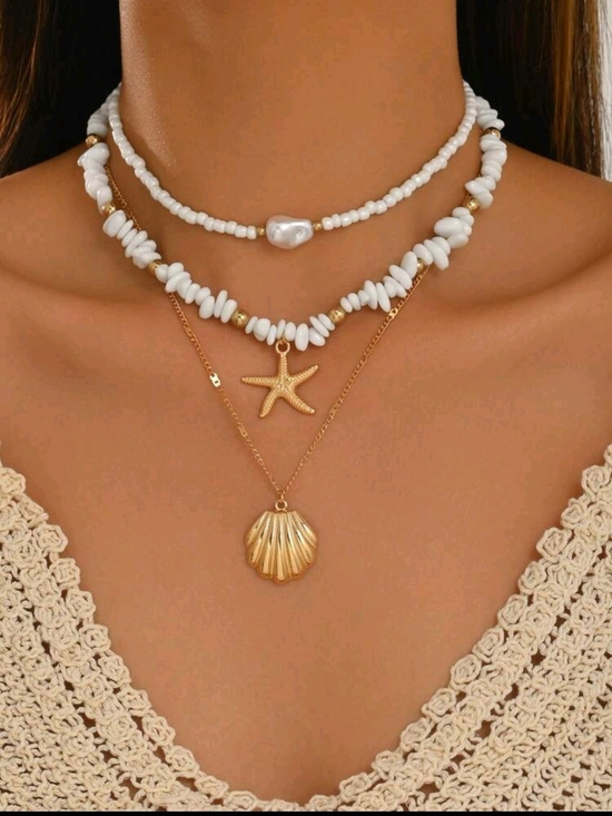 Jewelry - Gold Shell & Starfish Layered Necklace with White Beads